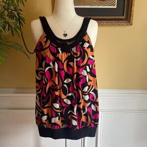 Women's Wrapper Size M Black Pink Orange Top Low Rounded Neckline Sleeveless